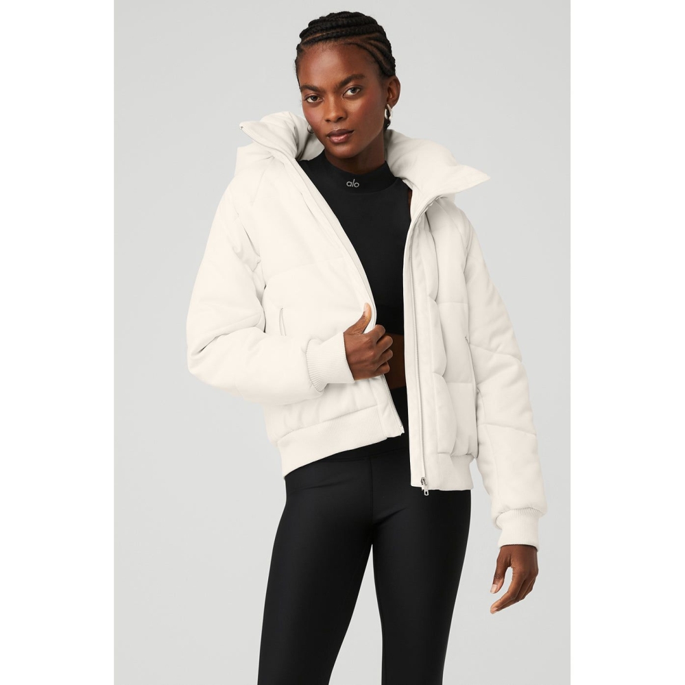 Alo Jackets Pittsburgh - Womens Alo Faux Leather Boss Puffer Ivory